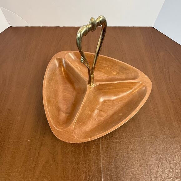 Vintage Kromex MCM Wood Nut Tray with Brass Handle Mid Century Modern - Picture 2 of 5